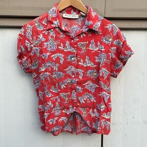 Red Western Print Cowgirl Button-Up Blouse